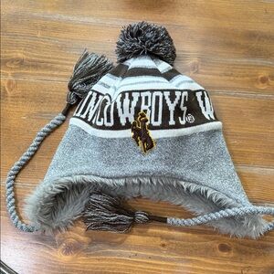 Wyoming Cowboys Gray Knit Winter Hat Faux Fur Ear Flap Pom Beanie